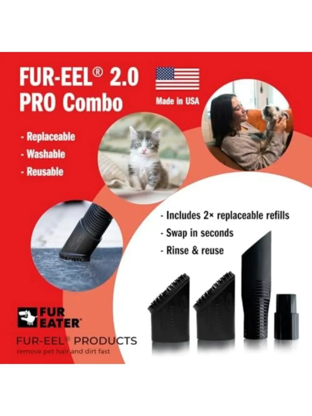 Pet Hair Vacuum Attachment - 2 Rubber Heads, Effective Pet Hair Remover Tool